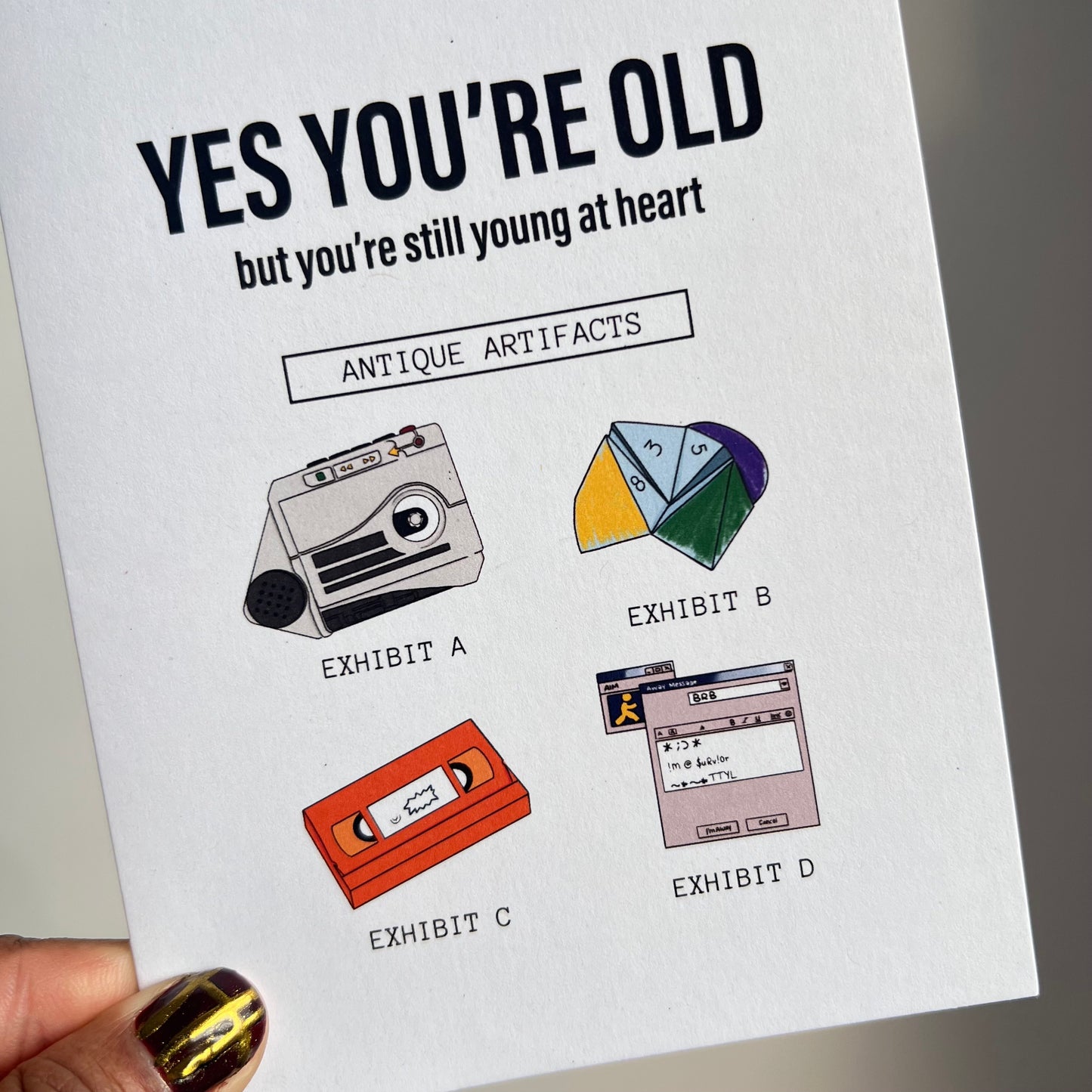 Buy 90s Antique Birthday 4.25x5.5” A2 pop culture, millennial, nostalgic retro greeting cards from Goods Made By Digitrillnana, Ashley Fletcher. Black Woman Owned. Eco-friendly recycled cards.