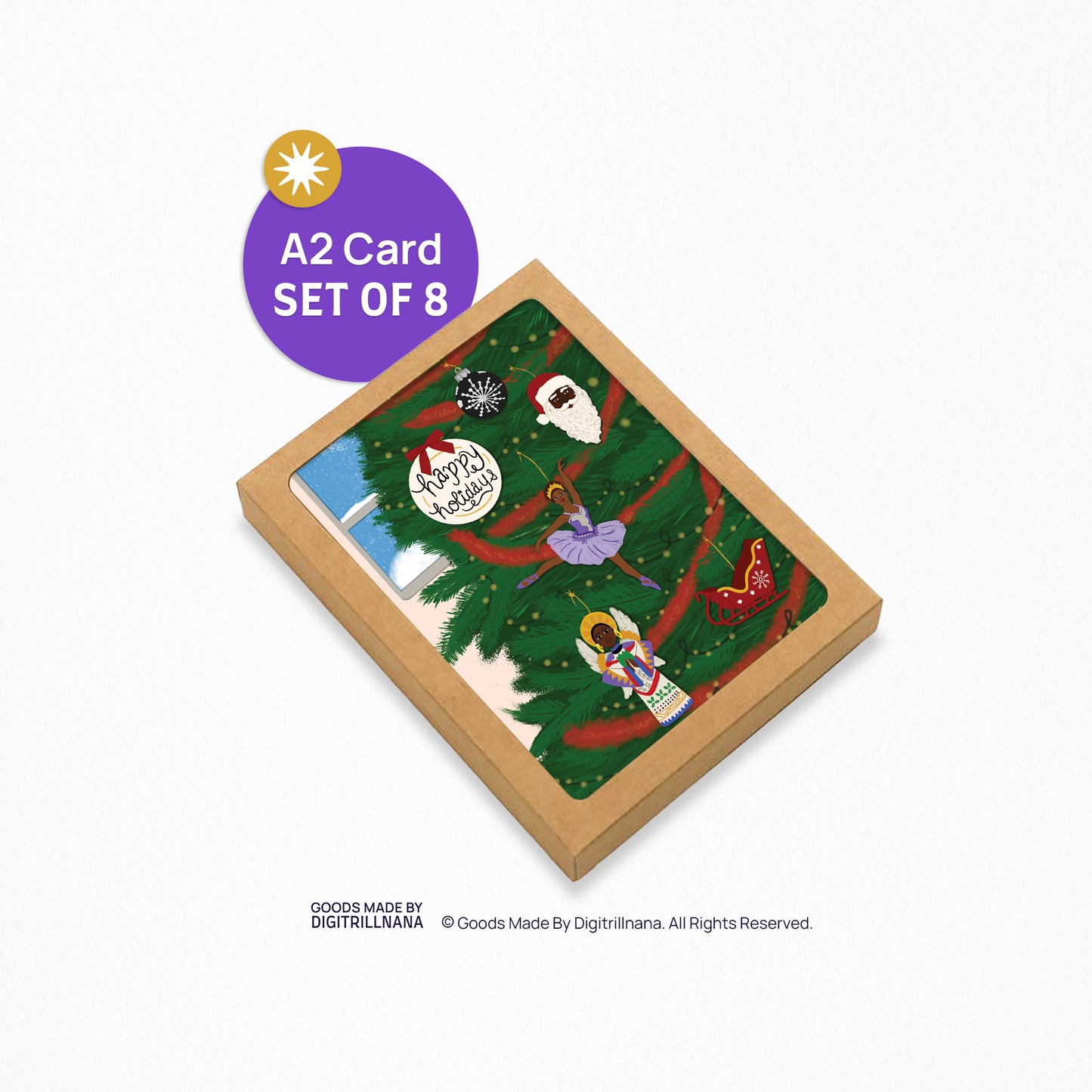 Buy A Soulful Christmas Tree A2, 4.25" x 5.5" Christmas Greeting Card celebrating African American heritage and culture. This diverse card is perfect for the holiday season, christmas gifts, and pairs well with gift cards. Black Woman Owned, Blank Inside.