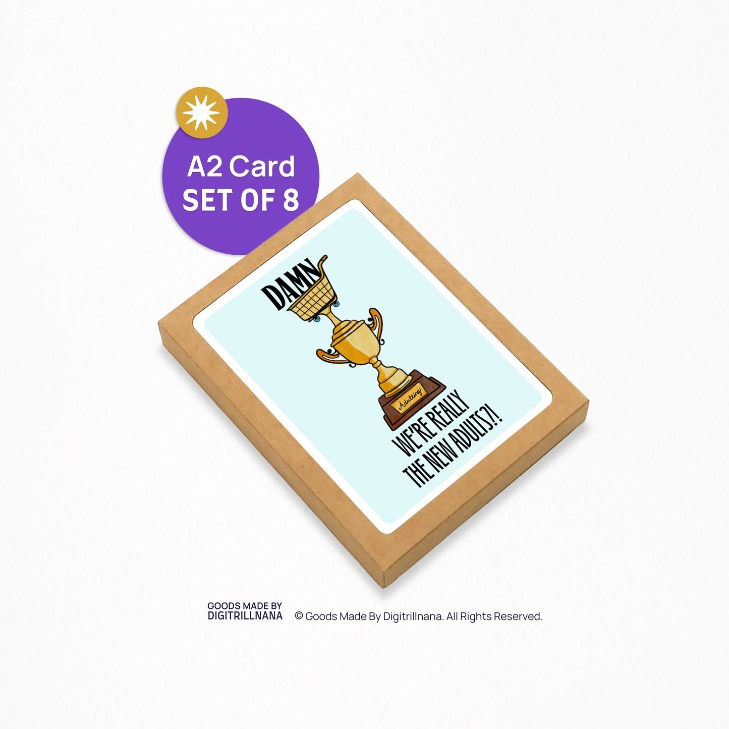 4.25 x 5.5” A2 size card illustration of gold grocery shopping cart trophy, light blue background. The text reads, "Damn We’re Really the New Adults". Blank inside. Black Woman Owned.