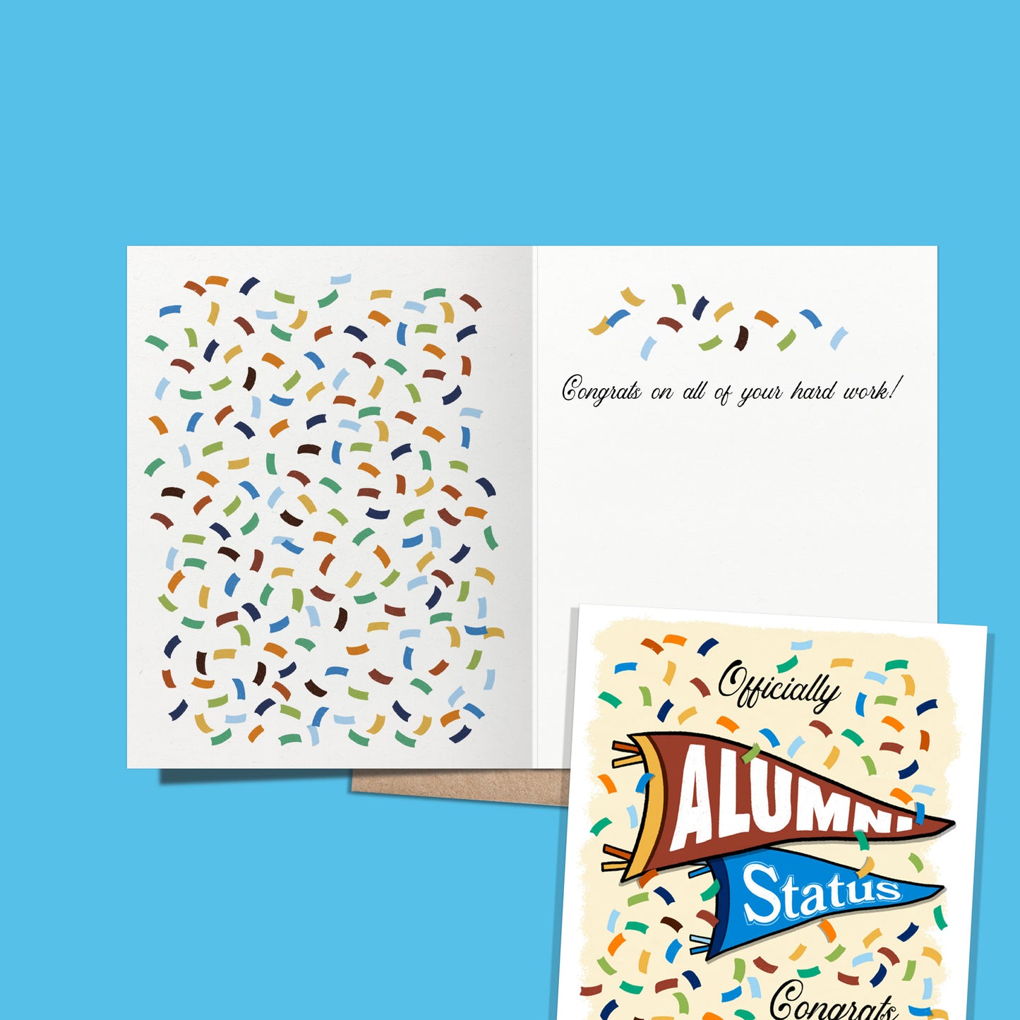 A2 size vibrant graduation card featuring colorful confetti and collegiate pennant banners. “Officially Alumni Status, Congrats Graduate!” text on the front with "Alumni” on the top burgundy banner and “Status!" below on a blue banner. Colorful confetti and a message inside the card. Envelope included.