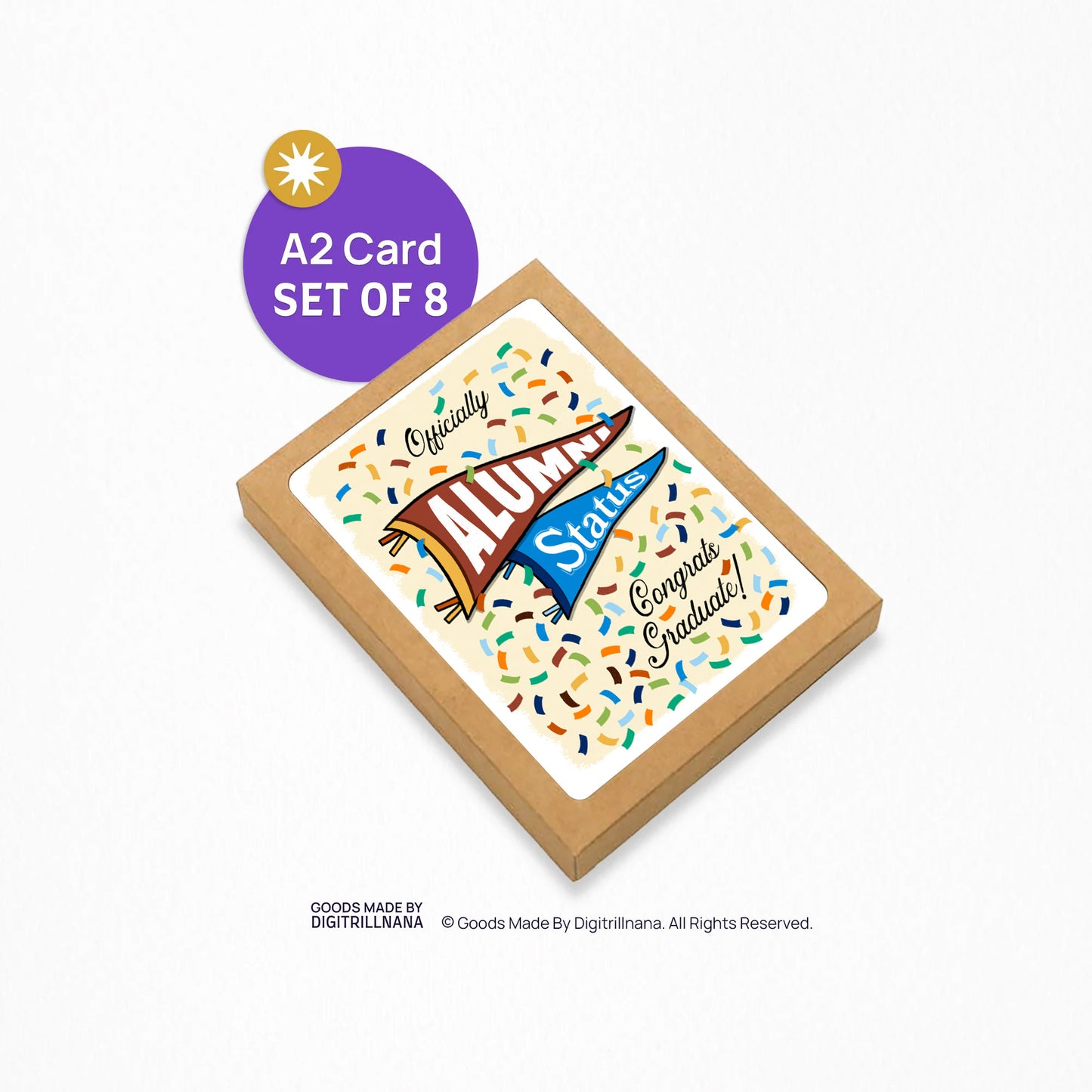Set of 8 vibrant graduation cards featuring colorful confetti and collegiate pennant banners. “Officially Alumni Status, Congrats Graduate!” text on the front with "Alumni” on the top burgundy banner and “Status!" below on a blue banner. Colorful confetti and a message inside the card. Envelope included.
