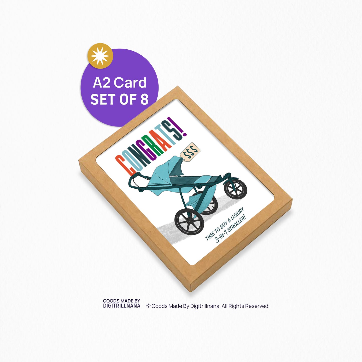 "4.25 x 5.5” A2 sized card with an illustration of a blue luxury modern stroller. The illustrated baby carriage is the perfect card for expecting parents. The text on the card reads ‘Congrats’ in various colors. The inside of the card is blank. Envelope included. "
