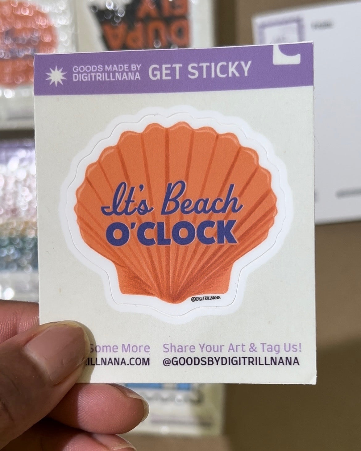 Add coastal beach charm with our peach seashell illustration sticker with the words ‘Beach O’Clock’ in blue. Perfect for adding motivation and positivity to laptops, water bottles, and more.