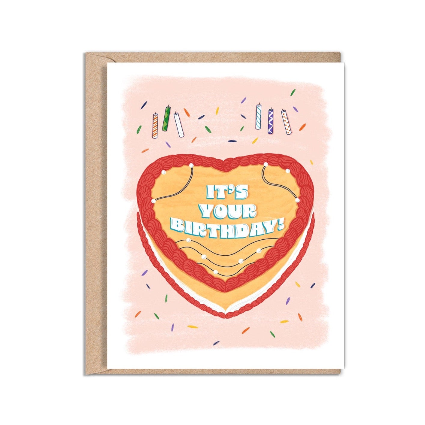 4.25 x 5.5” A2 size Birthday card illustration of a heart-shaped yellow cake with red icing. In the center of the cake are the words “It’s Your Birthday! ”with line detail and pearls along the cake. Colorful sprinkles and candles surround the cake. The textured background has soft red brush strokes over a white background. The inside of the card message reads “Happy Birthday, Hope your birthday is filled with all the things you love.”. Envelope included. Black Woman Owned.
