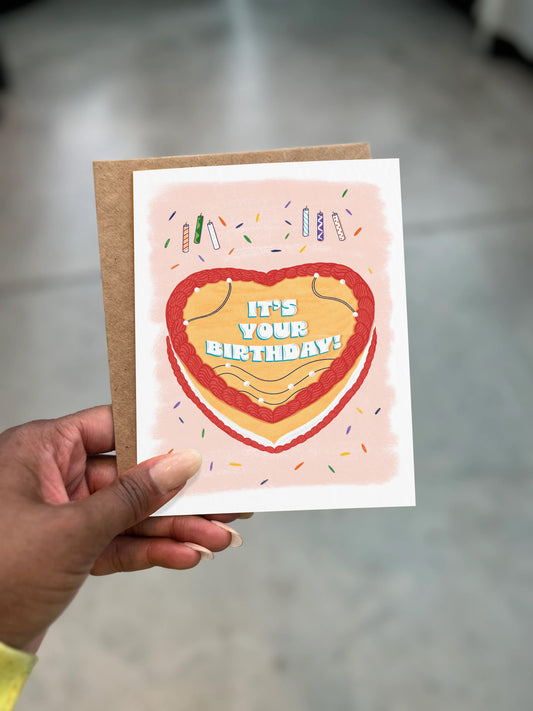 Birthday Cake 4.25x5.5” A2, celebrate, birthday card, vintage heart cake, greeting card from Goods Made By Digitrillnana, Ashley Fletcher. Black Woman Owned. Perfect card for a birthday gift! Eco-friendly recycled cards.