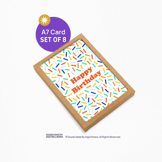Birthday Confetti 5x7” greeting card from Goods Made By Digitrillnana, Ashley Fletcher. Colorful greeting card. Box of 10.