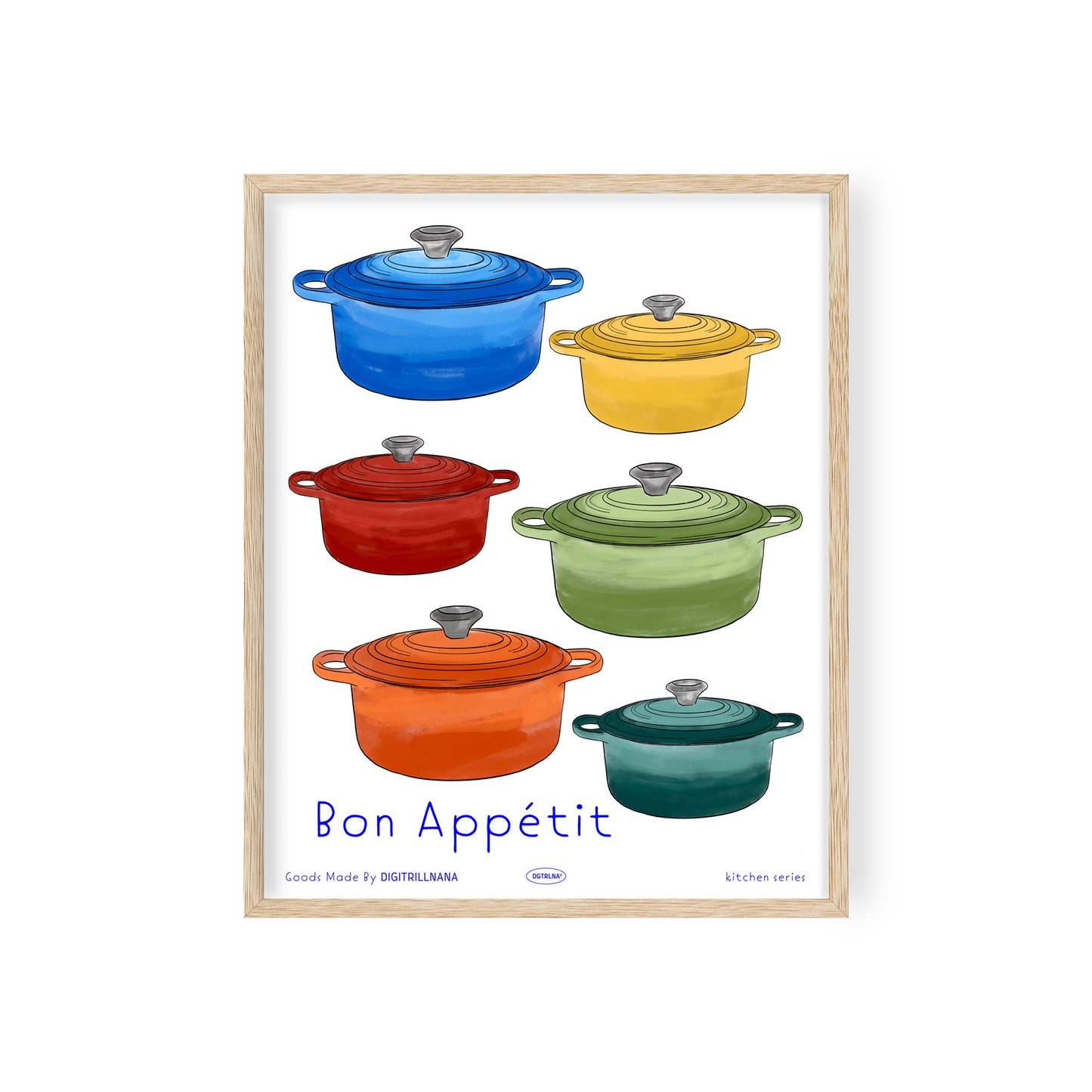 Bon Appetit Vibrant Cookware Illustration 8x10" and 18x24" art print from Goods Made By Digitrillnana, Ashley Fletcher. Bold colorful watercolor kitchen illustration. Perfect for home decor, wall art, art prints, and more!