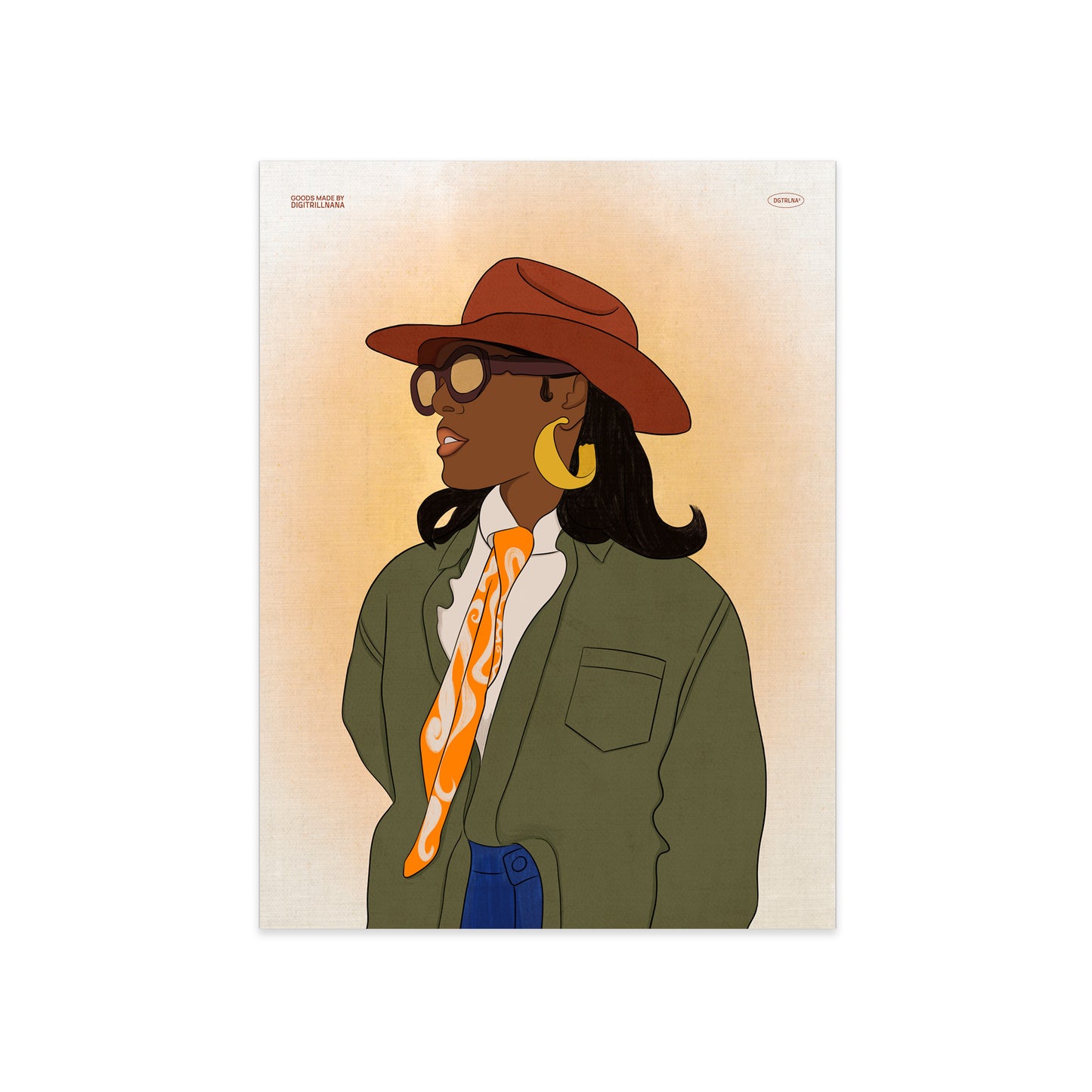 Buckin 9x12" 18x24” art prints from Goods Made By Digitrillnana, Ashley Fletcher. Bold vintage western, Black woman, fashion, warm, colorful. Perfect for home decor, wall art, art prints, and more!