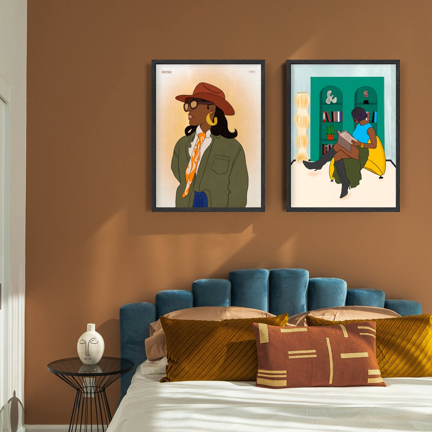 A textured vintage fashion illustration art print of a stylish black woman with a brown cowgirl hat, brown sunglasses, and gold hoop earrings in blue jeans, a green jean jacket, white blouse and long orange silk scarf tie. There’s a canvas textured, light orange sunset gradient in the background.