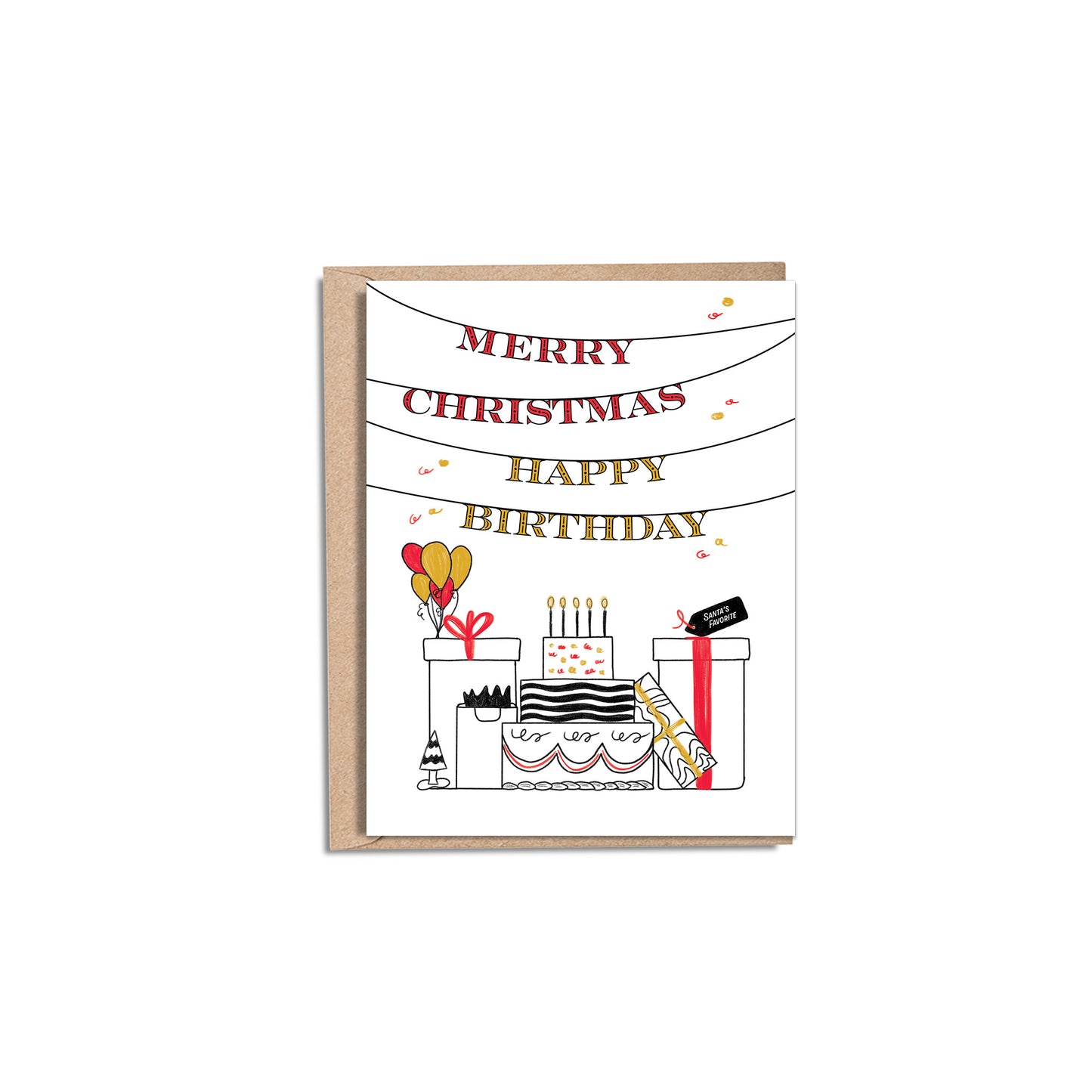 A simple illustration of a banner, cake, balloons, a mini Christmas tree, red and yellow confetti, and gift boxes celebrating Christmas and a birthday. At the top are Merry Christmas in red and Happy Birthday in yellow as a banner.
