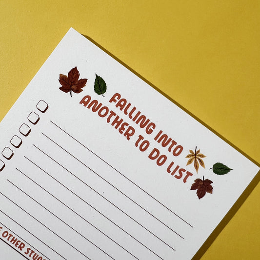 Cozy, vibrant fall to-do list featuring illustrated autumn leaves in warm, earthy tones. Printed on eco-friendly, recycled paper. Ideal for your office, kitchen, and more!