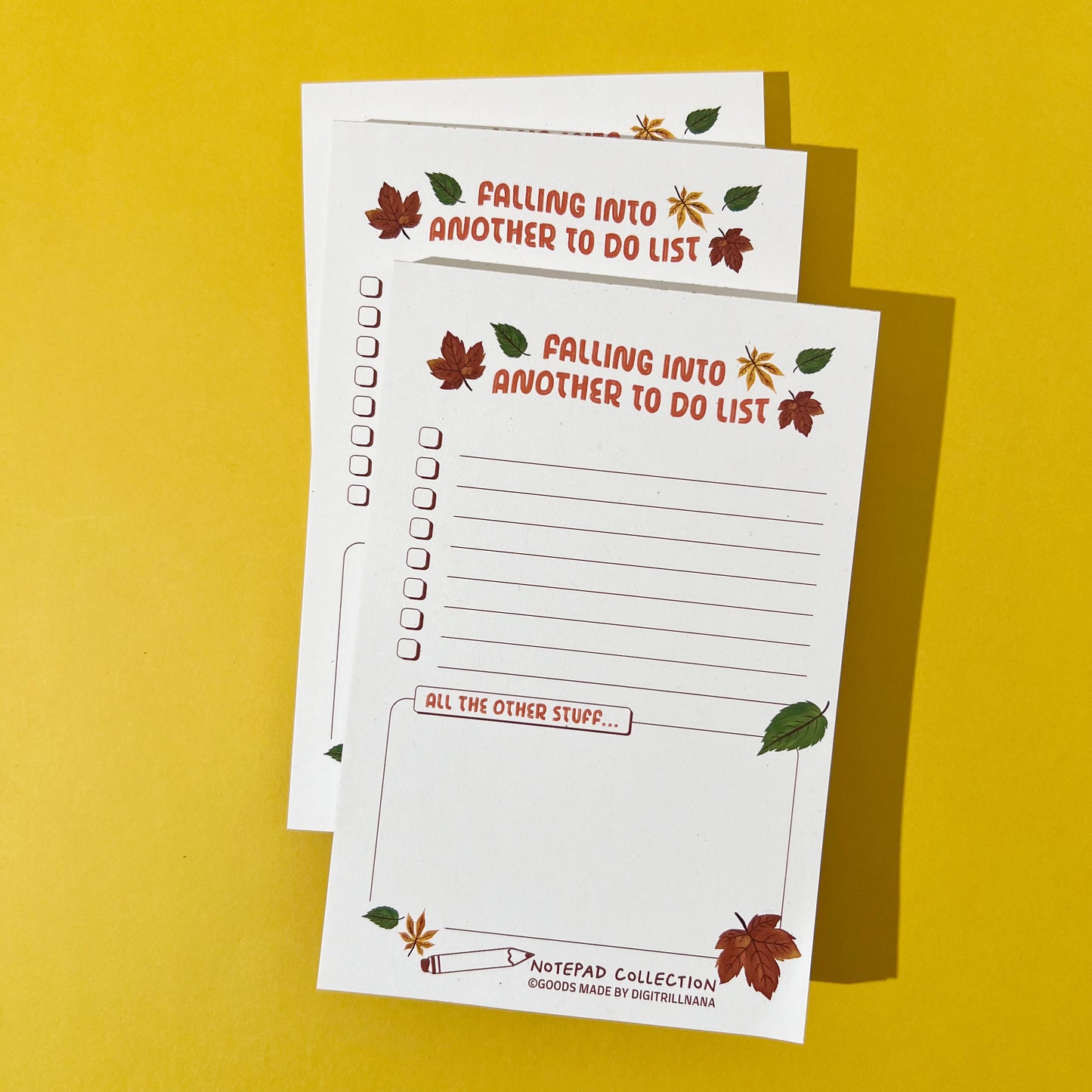 Cozy, vibrant fall to-do list featuring illustrated autumn leaves in warm, earthy tones. Printed on eco-friendly, recycled paper. Ideal for your office, kitchen, and more!