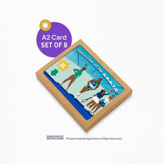 A2 sized card (5.5 x 4.25”) features illustrations of athletes Gabby Douglas, Sha’Carri Richardson, Venus, and Serena Williams on blue podiums. Each wears sports attire, posing uniquely. Text reads 'You’re One of the G.O.A.T.s'. A teal arrow with 'You Are Here' points to an empty podium. Blank inside. Envelope included.