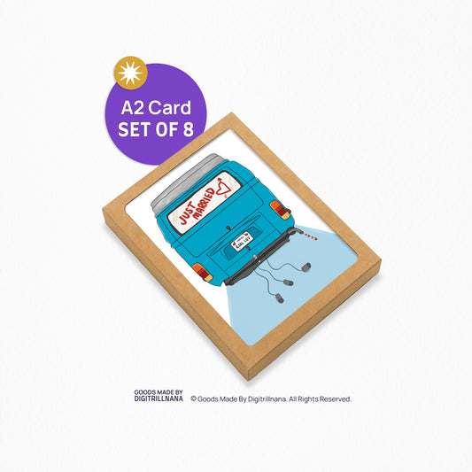 4.25 x 5.5” A2 size card with an illustration of the back of a vintage teal blue van with the words “Just Married” on the back window with a heart and arrow. The license plate reads “Real Luv” with cans tied to the bumper floating behind and little hearts coming out of the exhaust pipe. The inside of the card is blank. Envelope included. Black Woman Owned.