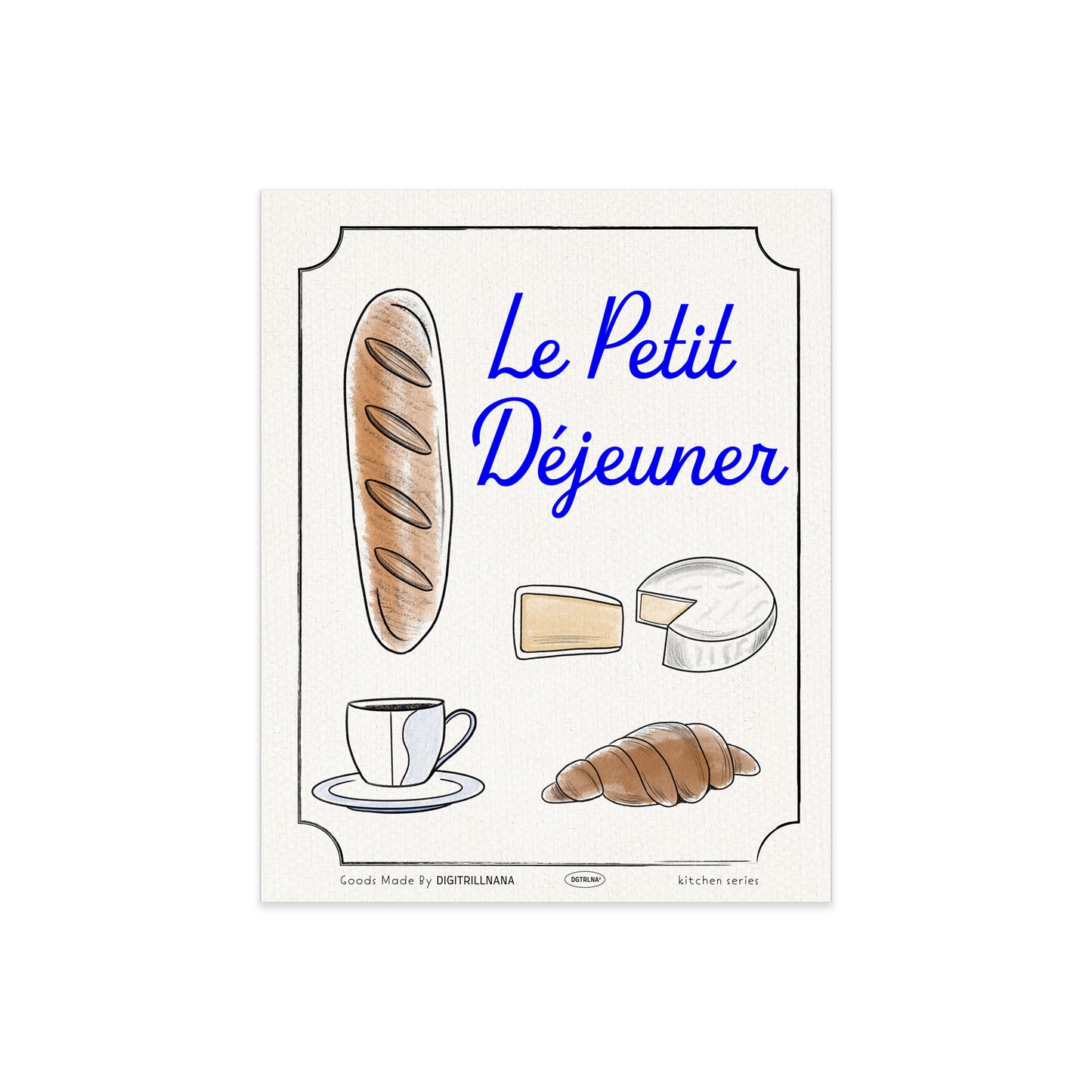 A modern texture illustration of french bread, coffee, cheese, and a croissant. Available in two sizes. 