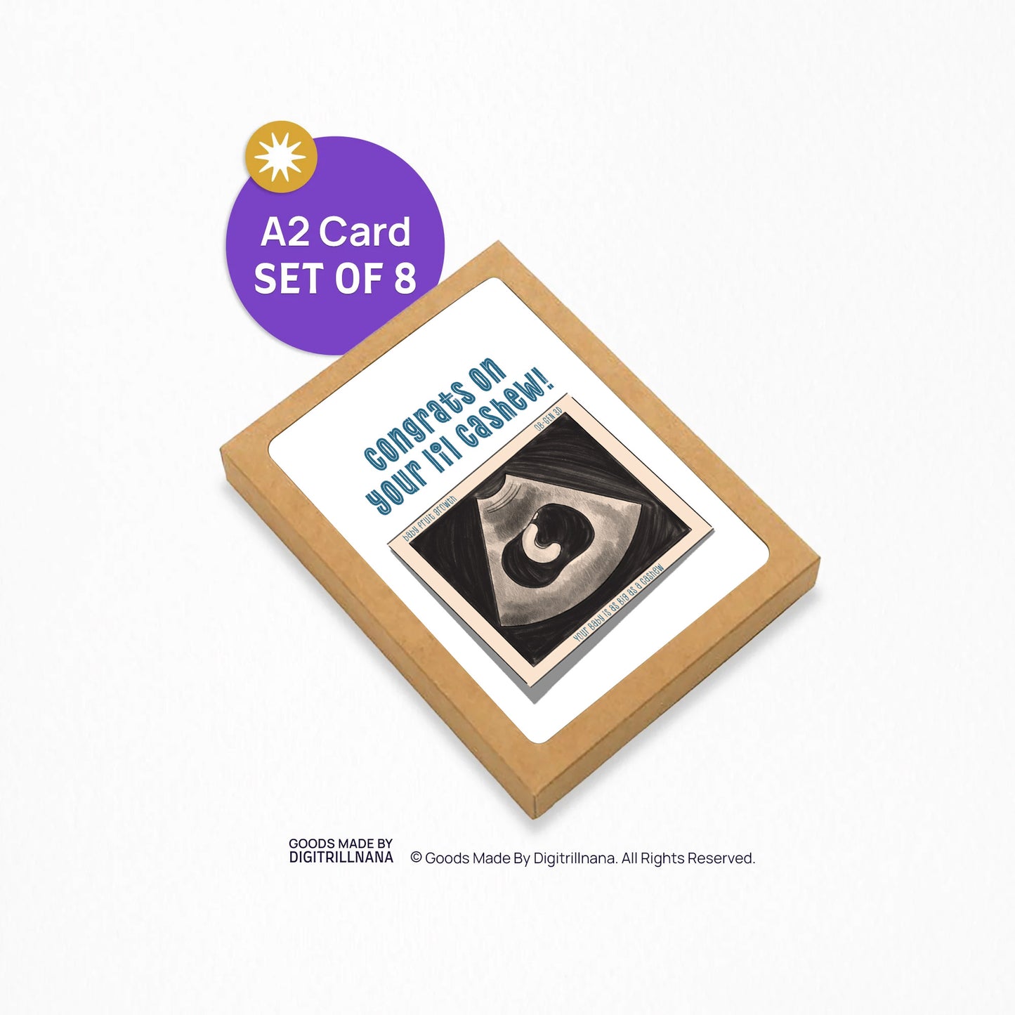4.25 x 5.5” A2 size card illustration of a baby sonogram with a baby the size of a cashew. The card reads ‘Congrats on your lil cashew!’. Envelope included. Black Woman Owned.