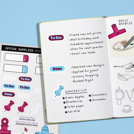 Sticker sheet in use inside a journal with a to do list, done list, grocery list and drawings. Includes to-do, done, color tabs, push pins, and paper clip stickers. Spreadsheet-inspired design for planners and notebooks. Waterproof.