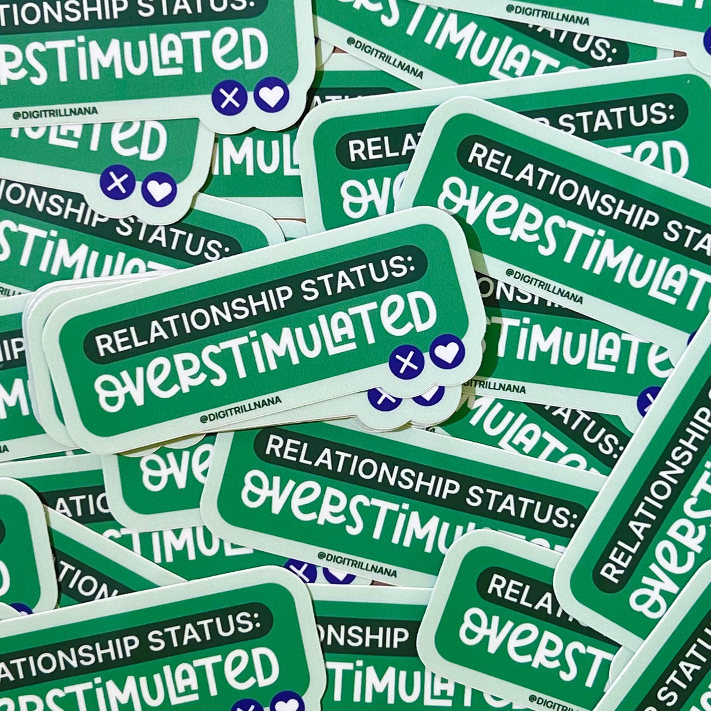 Funny ADHD, neurodivergent relationship sticker: green message bubble with 'Relationship Status: Overstimulated' and icons. High-quality, waterproof stickers for laptops, water bottles, phone cases, and more!