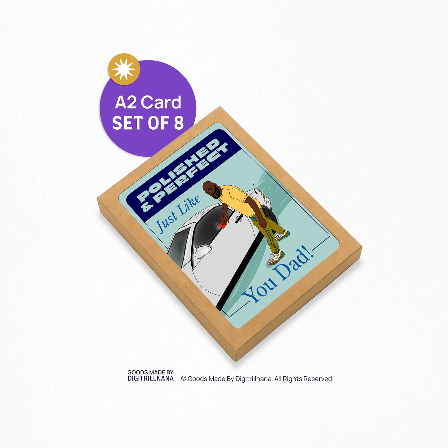 Polished Dad 4.25x5.5” A2 Father's Day Dad greeting card. African American Father and Car. Colorful Eco-friendly Card for Dad from Goods Made By Digitrillnana, Ashley Fletcher. Black Woman Owned. Gifts celebrating Black, African-American culture. Perfect card for Dad and Father's day!