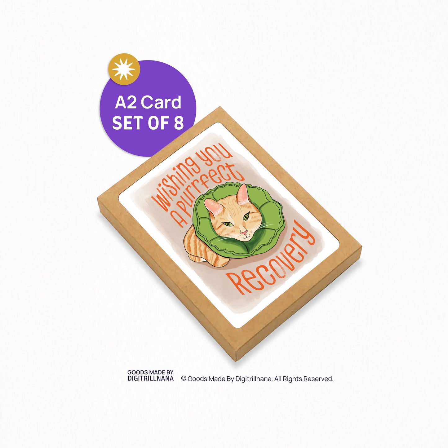 Purrfect Recovery greeting card box set. Card illustration of a tabby cat laying down wearing a green soft cat recovery cone collar. The text in orange reads, "Wishing you a purrfect recovery". Blank inside. Envelope included.