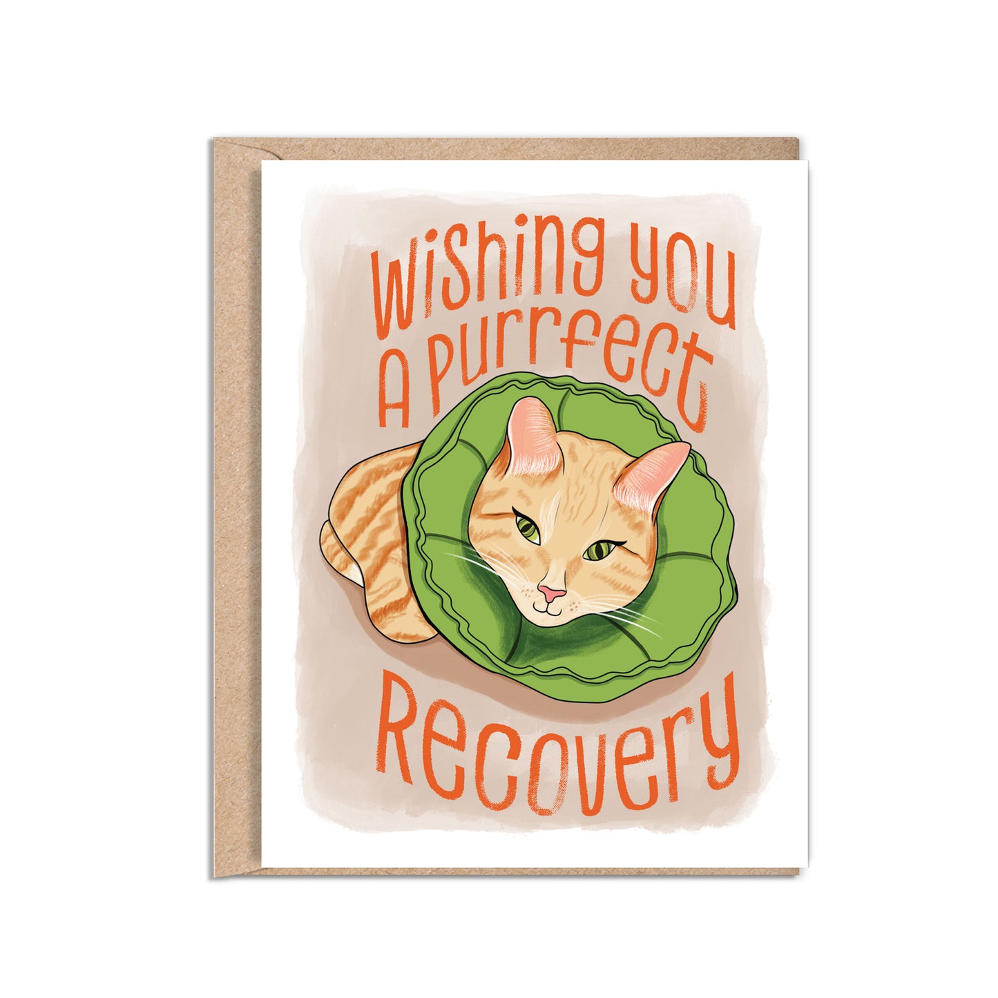 Purrfect Recovery 4.25 x 5.5” A2 size card illustration of a tabby cat laying down wearing a green soft cat recovery cone collar. The text in orange reads, "Wishing you a purrfect recovery". Blank inside. Envelope included.