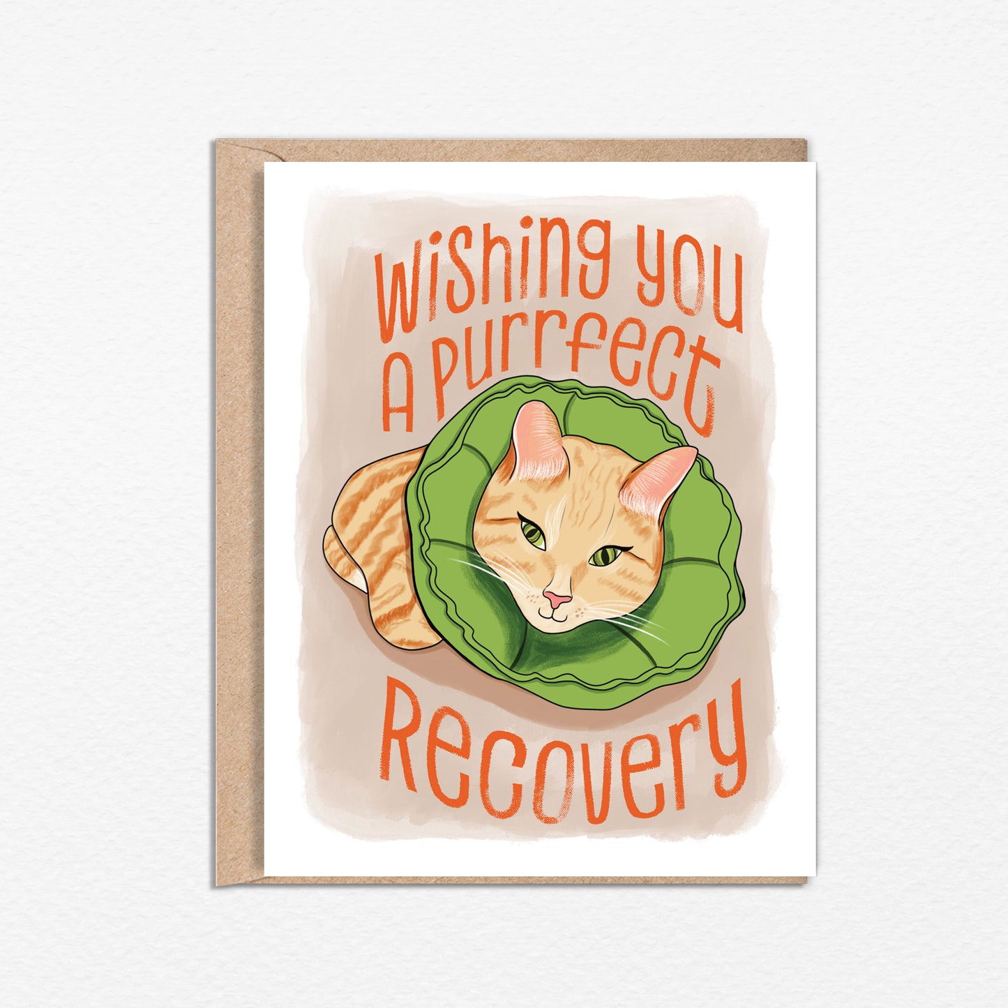 Purrfect Recovery 4.25 x 5.5” A2 size card illustration of a tabby cat laying down wearing a green soft cat recovery cone collar. The text in orange reads, "Wishing you a purrfect recovery". Blank inside. Envelope included.