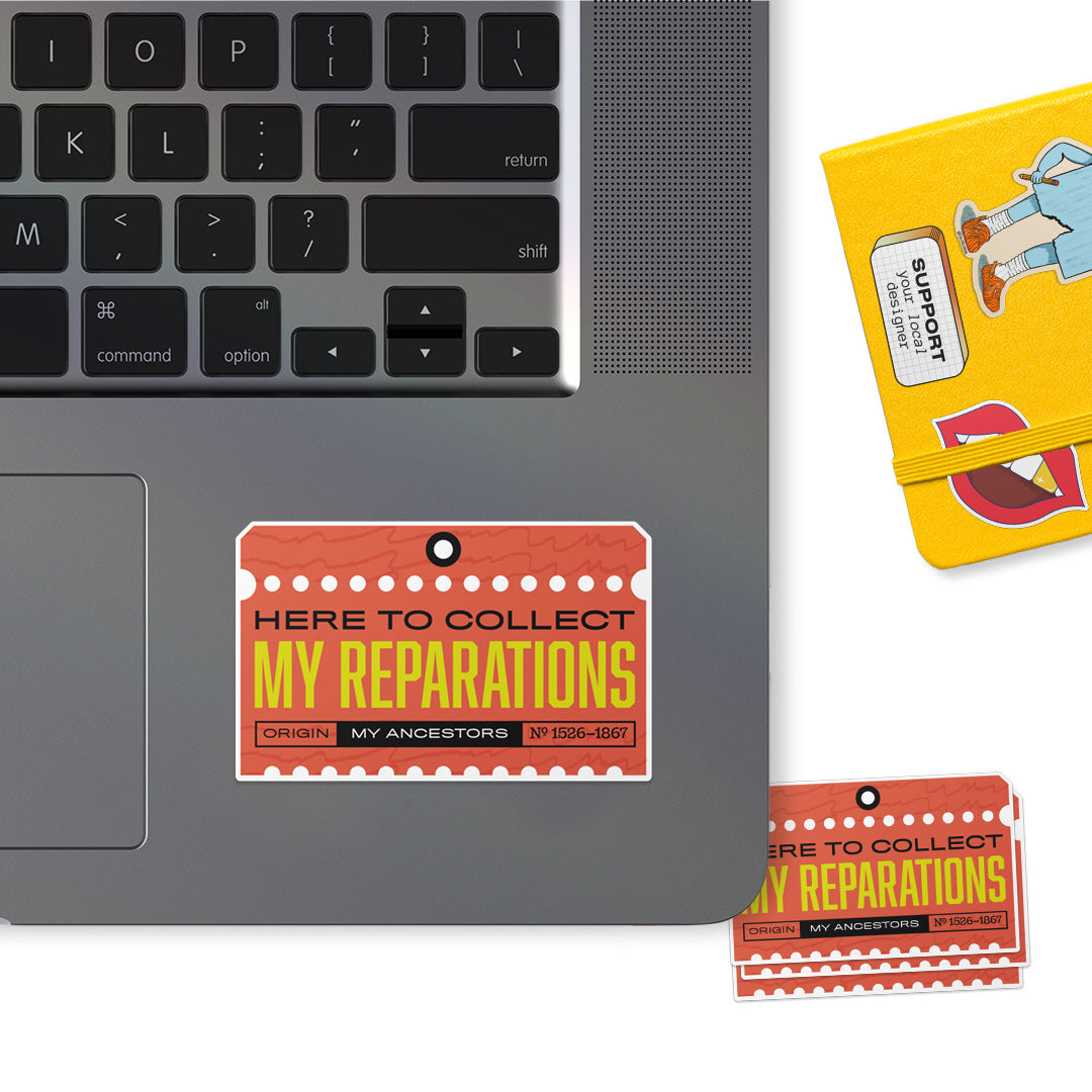 Reparations high quality vinyl waterproof and scratch resistant sticker from Goods Made By Digitrillnana. Perfect for laptops, water bottles, phone cases, luggage, journals, and more!