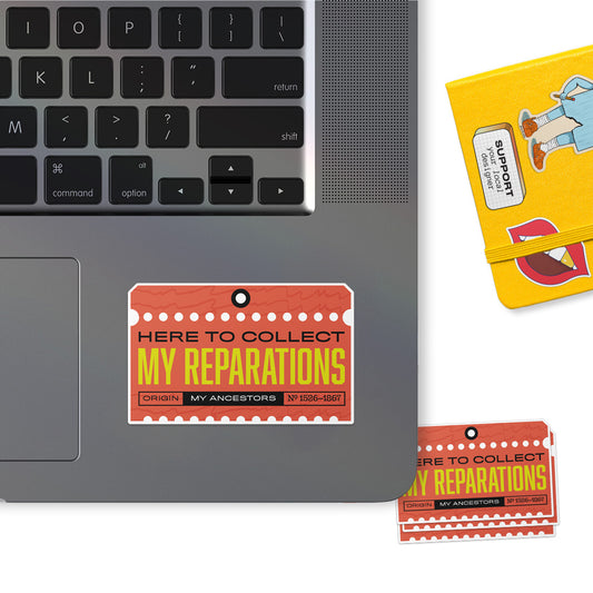 Reparations high quality vinyl waterproof and scratch resistant sticker from Goods Made By Digitrillnana. Perfect for laptops, water bottles, phone cases, luggage, journals, and more!