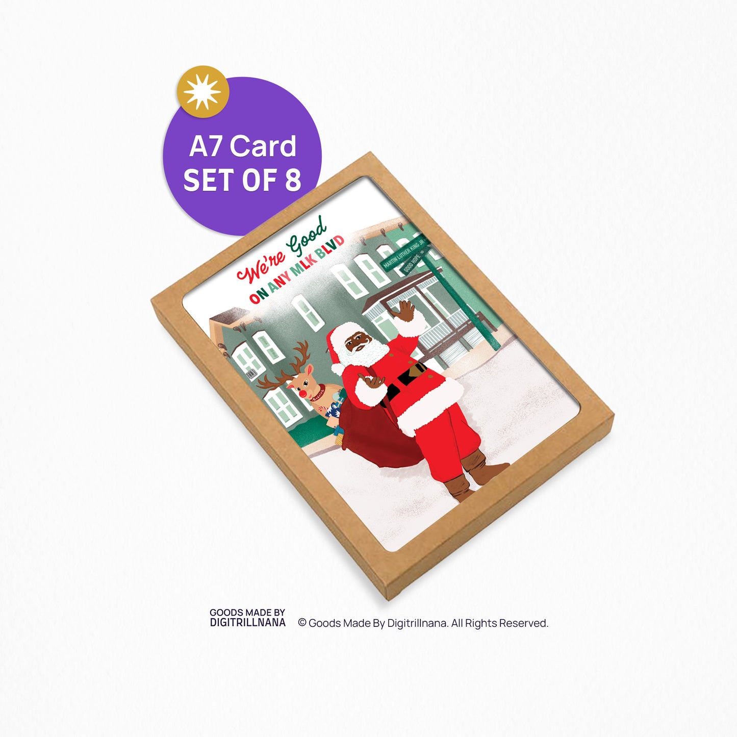 Santa's Hood 5x7” holiday Black Culture Christmas greeting card set from Goods Made By Digitrillnana, Ashley Fletcher. Black Woman Owned. Black Santa Claus, Rudolph, Christmas card. Perfect card for your Christmas gift!