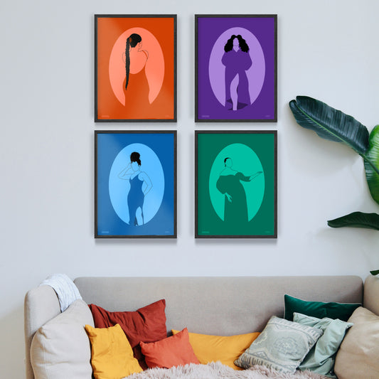 A series of four vibrant monochromatic illustrations of black women figures in the hues orange, blue, and teal. The illustration features a silhouette oval with a women’s figure inside. Light and dark colors create an optical illusion with positive and negative space.