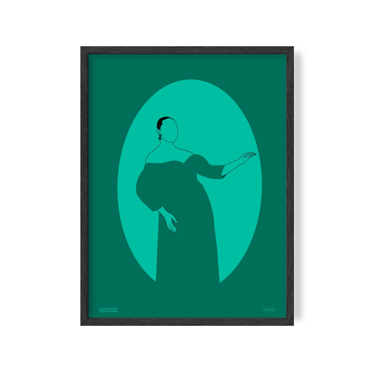 A series of four vibrant monochromatic illustrations of black women figures in the hues orange, blue, and teal. The illustration features a silhouette oval with a women’s figure inside. Light and dark colors create an optical illusion with positive and negative space. Silhouette 4: Illustration of a teal monochrome silhouette side front view of a figure with short hair, earrings and dress posing with a slight lean as one hand reaches up and the other on the side.