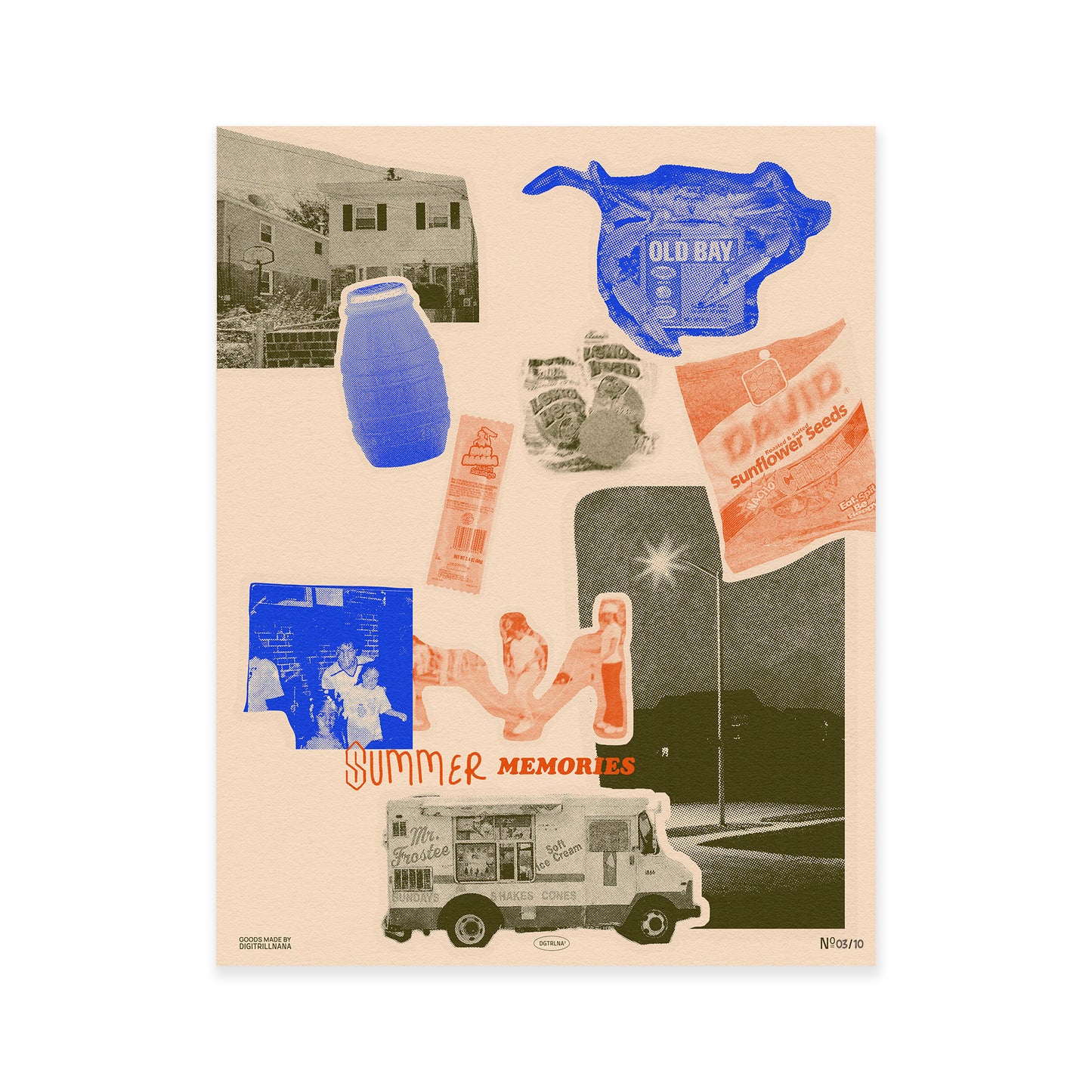 Summer Memories 11x14” orange blue halftone vintage collage summer art print from Goods Made By Digitrillnana, Ashley Fletcher. Celebrating Black Culture. Perfect for home decor, wall art, art prints, and more! Black Woman Owned.