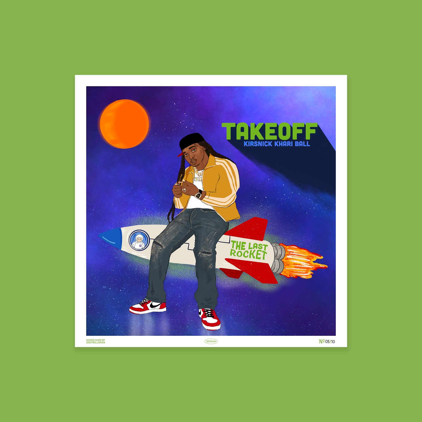 The Last Rocket Takeoff 12x12” art print from Goods Made By Digitrillnana, Ashley Fletcher. Takeoff Kirsnick Khari Ball Migos, Atlanta Hip Hop, Rap Group, Rap Music Art. Perfect for home decor, wall art, art prints, and more! Black Woman Owned.