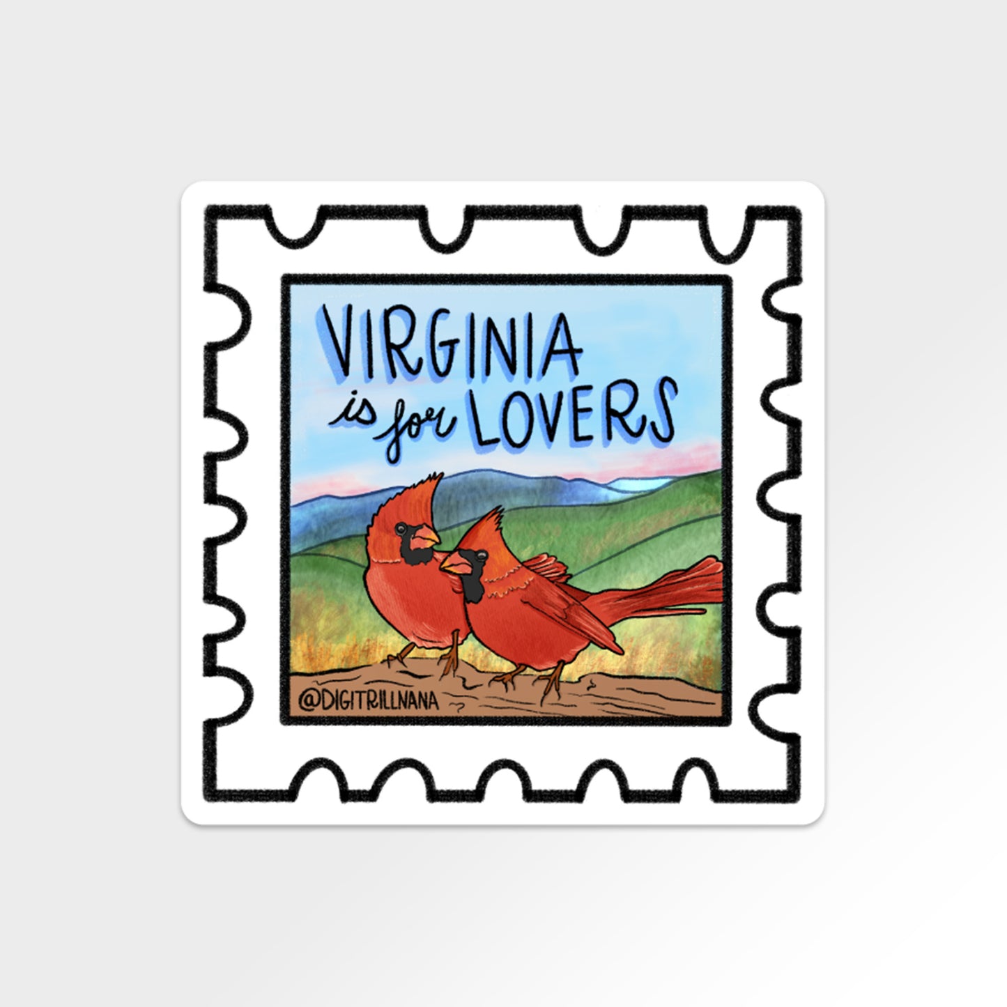 Vibrant postage stamp sticker with an illustration of two northern cardinal birds and the Shenandoah Valley silhouette in the background. Includes the words ‘Virginia Is For Lovers’. Ideal for laptops, water bottles, and more!