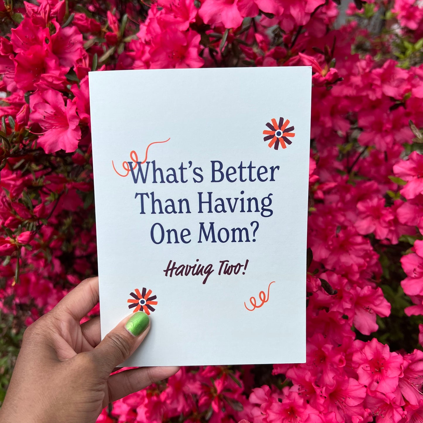 Buy Two Moms 5x7” Mothers Day Mom LGBTQIA friendly greeting card from Goods Made By Digitrillnana, Ashley Fletcher. Black Woman Owned. Perfect card for Mothers day!