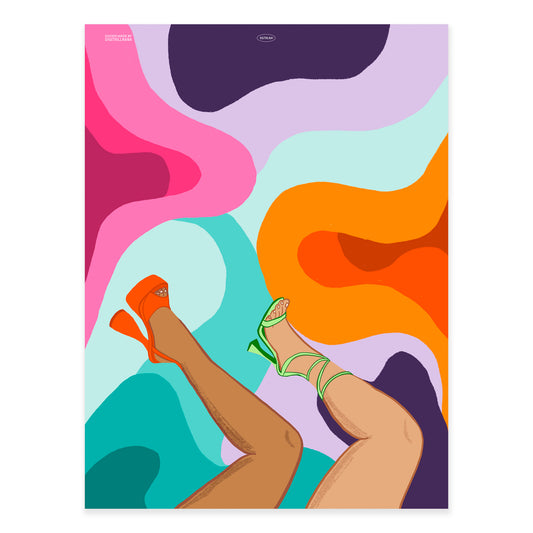 New Heights art print from Goods Made By Digitrillnana, Ashley Fletcher. Fashion poster, Black woman art. 70s inspired fashion print. This illustration has a colorful monochrome background of purple, pink, orange, and teal organic shapes with two legs wearing pink and orange high heels. Skintones on this print include a caramel shade of brown skin and a light medium skin shade. Available in two sizes 8x10” 18x24". Brown melanin skin tones available. Available in a free cell phone wallpaper.
