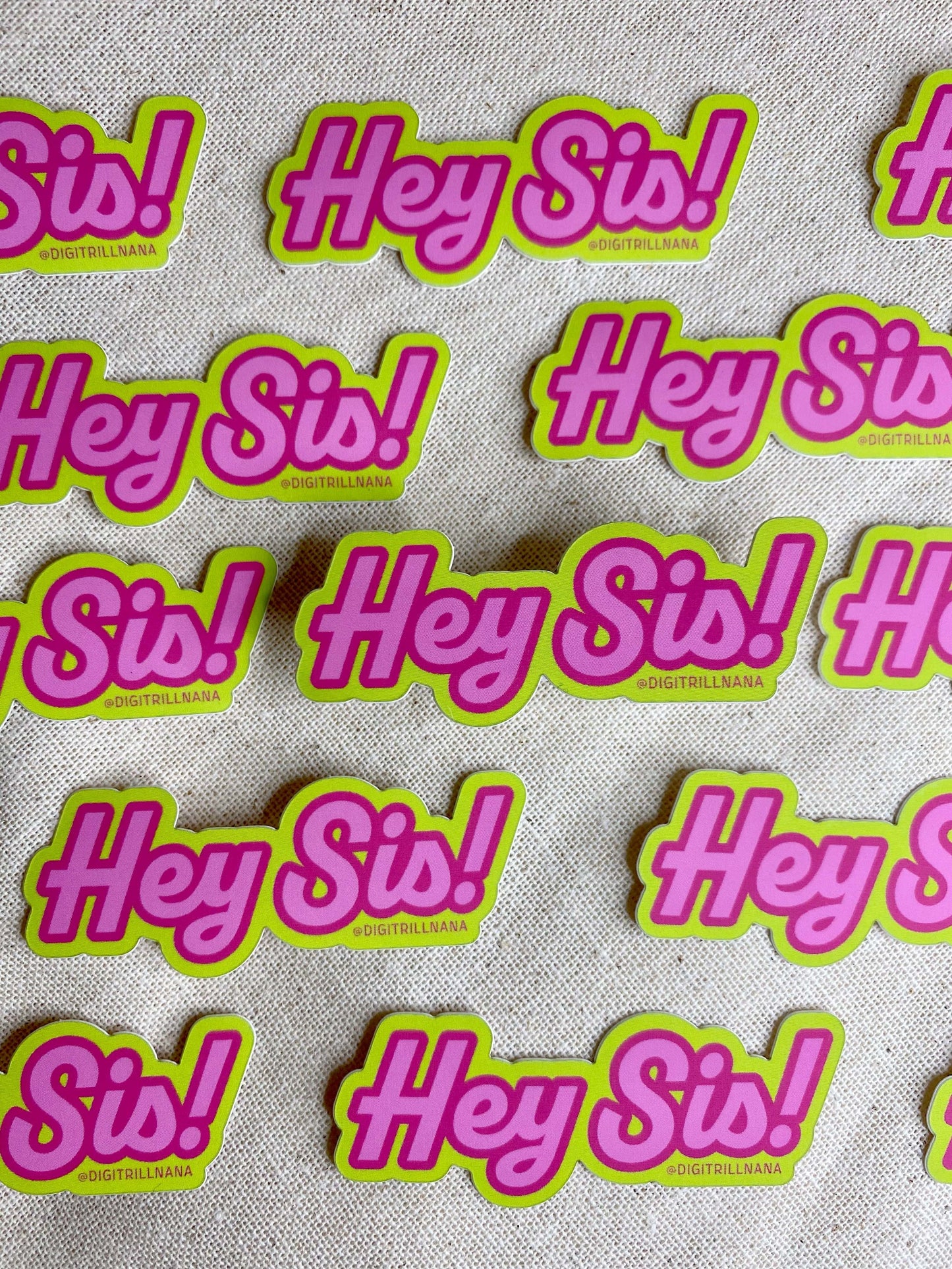 Hey Sis gradient, pink green, crimson yellow high quality vinyl waterproof and scratch resistant sticker from Goods Made By Digitrillnana, Ashley Fletcher. Delta Sigma Theta Sorority, Alpha Kappa Alpha Sorority. Black Woman Owned.