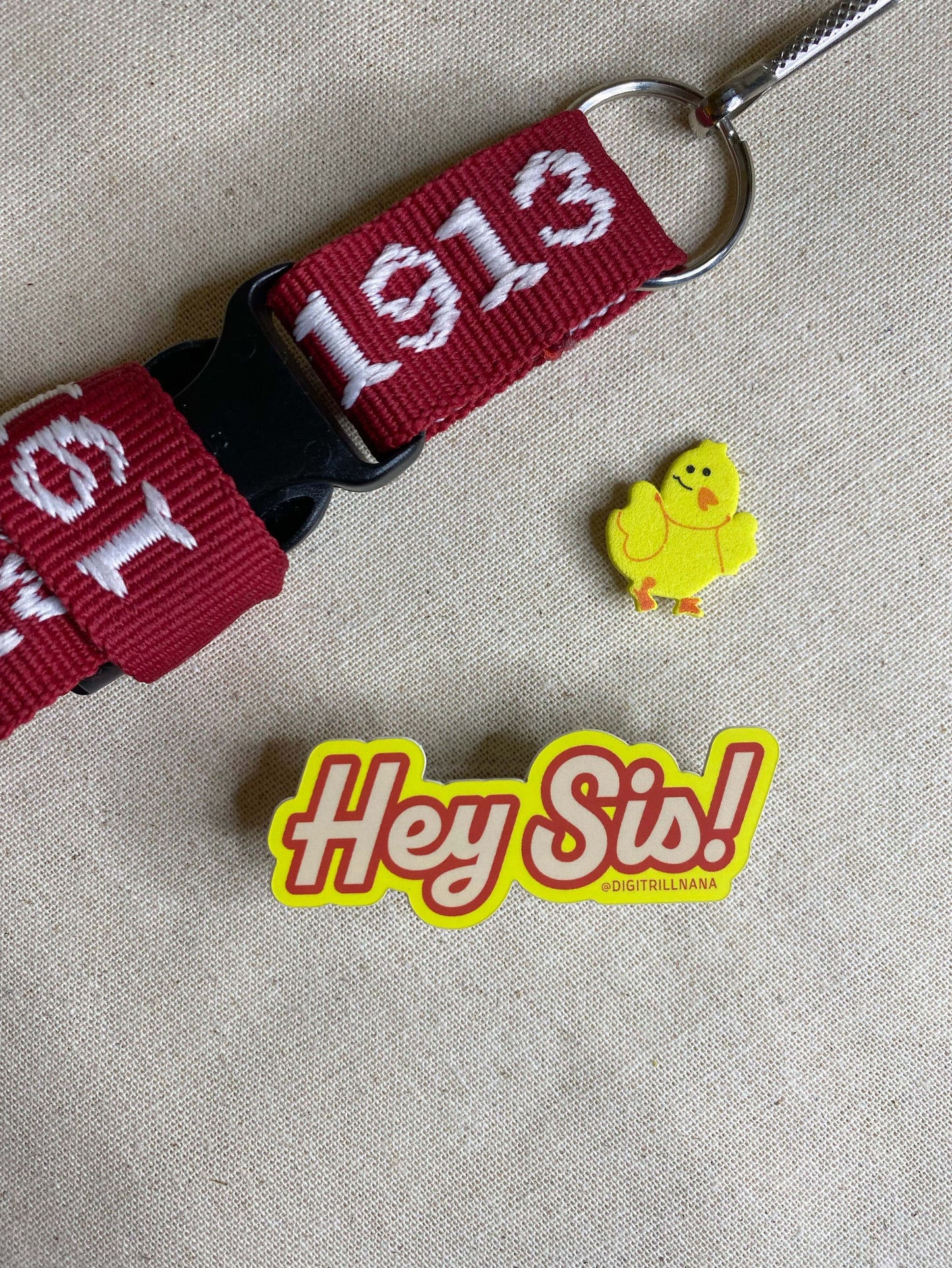 Hey Sis gradient, pink green, crimson yellow high quality vinyl waterproof and scratch resistant sticker from Goods Made By Digitrillnana, Ashley Fletcher. Delta Sigma Theta Sorority, Alpha Kappa Alpha Sorority. Black Woman Owned.