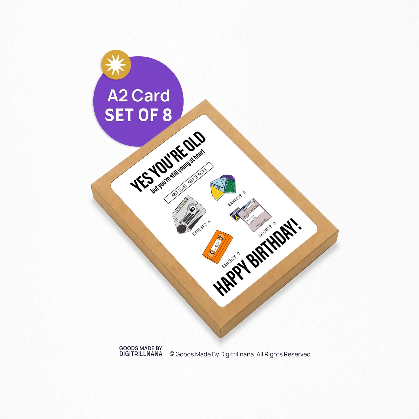 4.25 x 5.5” A2 size funny millennial birthday card with illustrations of a rugrats vhs, AIM screen, audio recorder, and paper fortune teller. The text reads, "Yes you’re old but you’re still young at heart". Message inside included. Black Woman Owned.