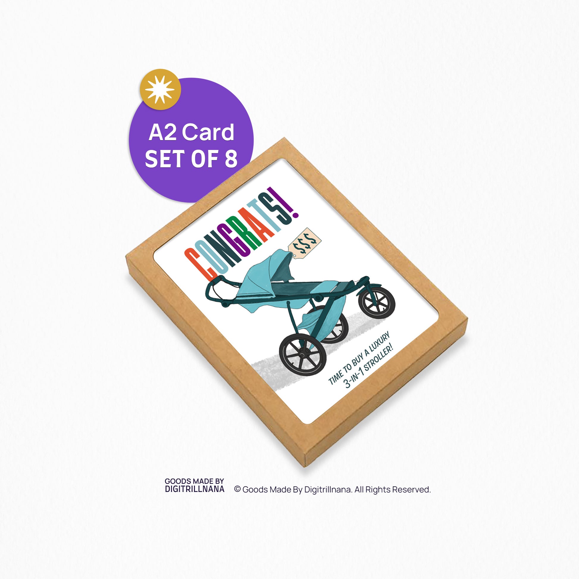 "4.25 x 5.5” A2 sized card with an illustration of a blue luxury modern stroller. The illustrated baby carriage is the perfect card for expecting parents. The text on the card reads ‘Congrats’ in various colors. The inside of the card is blank. Envelope included. "
