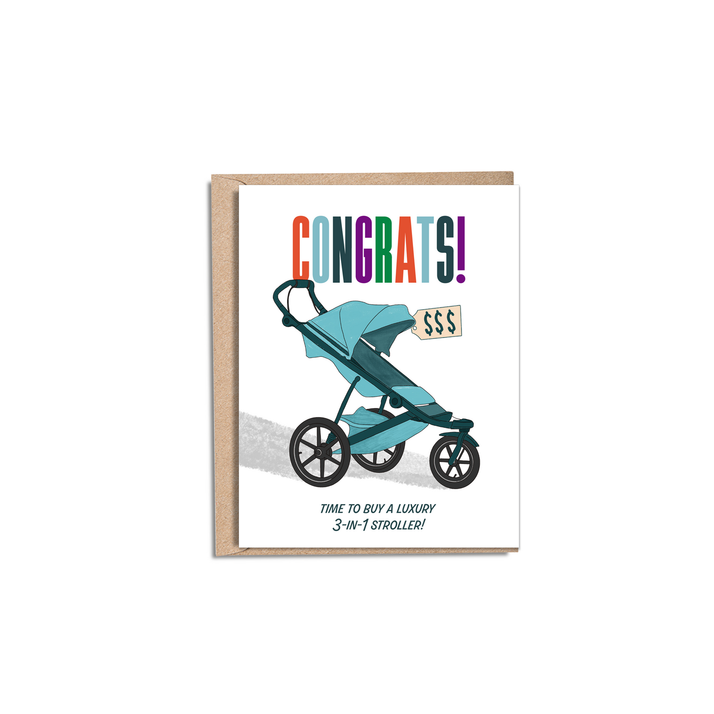 "4.25 x 5.5” A2 sized card with an illustration of a blue luxury modern stroller. The illustrated baby carriage is the perfect card for expecting parents. The text on the card reads ‘Congrats’ in various colors. The inside of the card is blank. Envelope included. "
