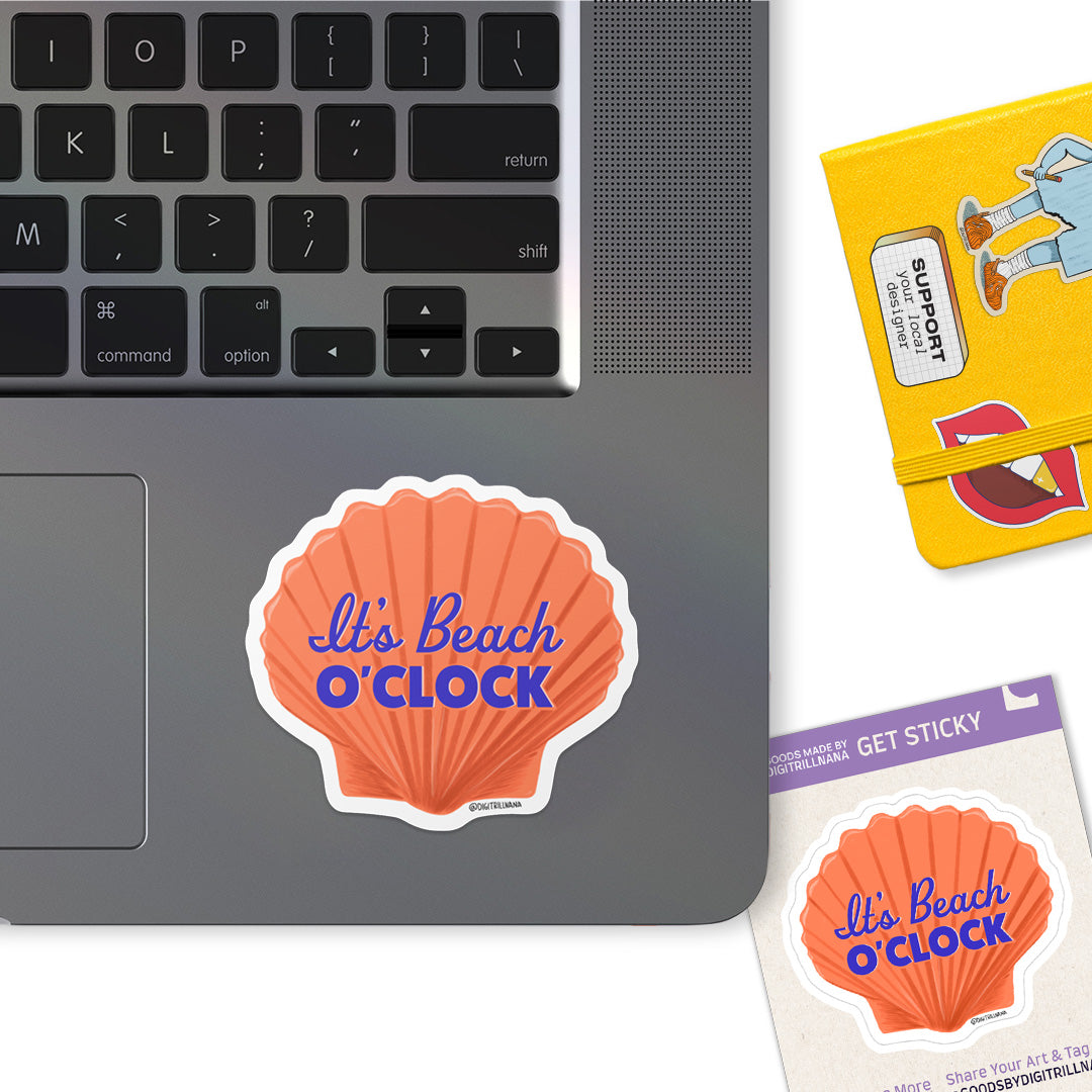 Add coastal beach charm with our peach seashell illustration sticker with the words ‘Beach O’Clock’ in blue. Perfect for adding motivation and positivity to laptops, water bottles, and more.