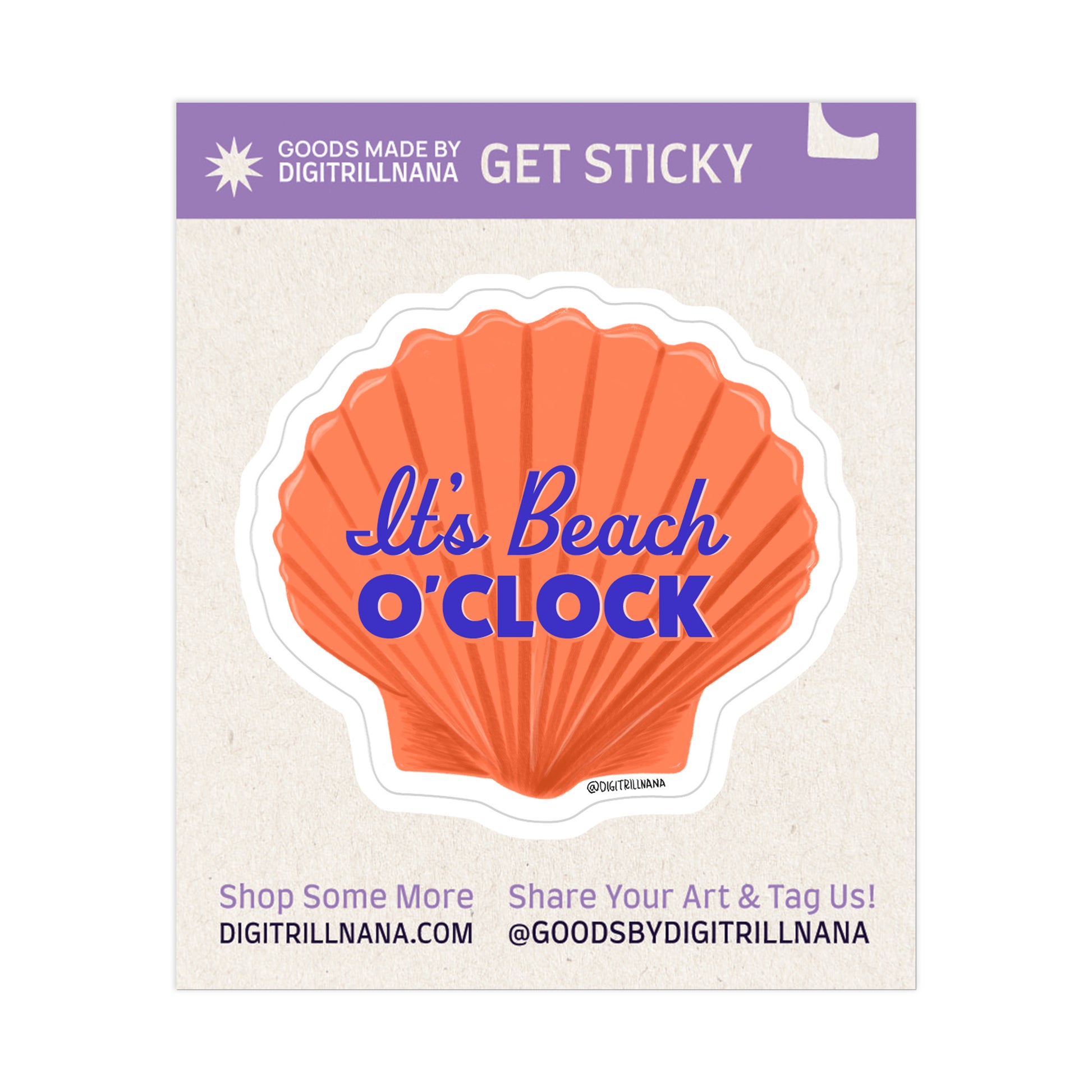 Add coastal beach charm with our peach seashell illustration sticker with the words ‘Beach O’Clock’ in blue. Perfect for adding motivation and positivity to laptops, water bottles, and more.