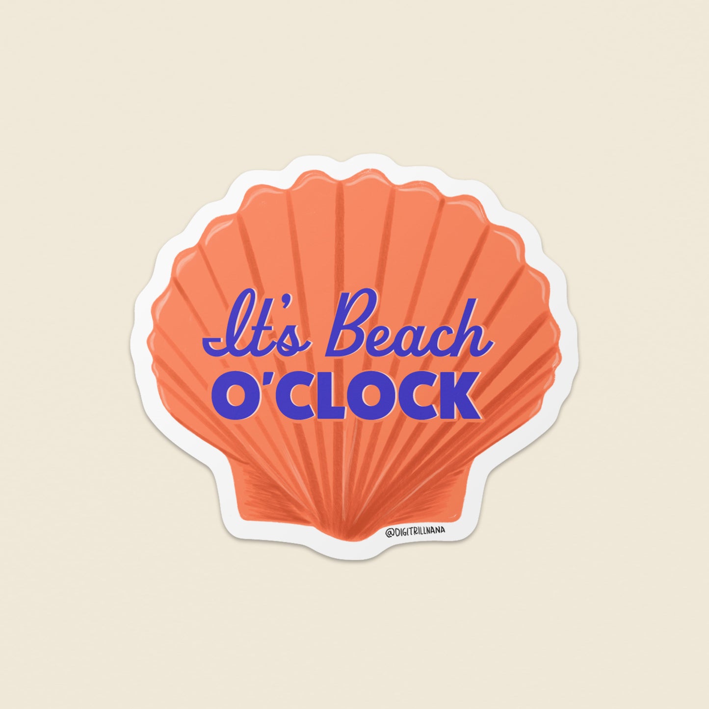 Add coastal beach charm with our peach seashell illustration sticker with the words ‘Beach O’Clock’ in blue. Perfect for adding motivation and positivity to laptops, water bottles, and more.