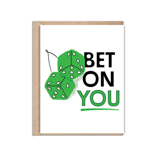 Encourage friends with our inspiring card: green fuzzy dice and 'Bet On You' 4.25 x 5.5” A2 size card. Perfect everyday friendship card. Eco-friendly, Black Woman Owned.