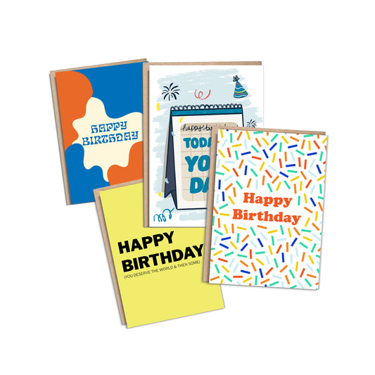 Set of 8, 5x7" Birthday Cards. Assortment of our 5x7" Birthday Card Collection. Greeting Card Set from Goods Made By Digitrillnana, Ashley Fletcher. Colorful greeting cards.