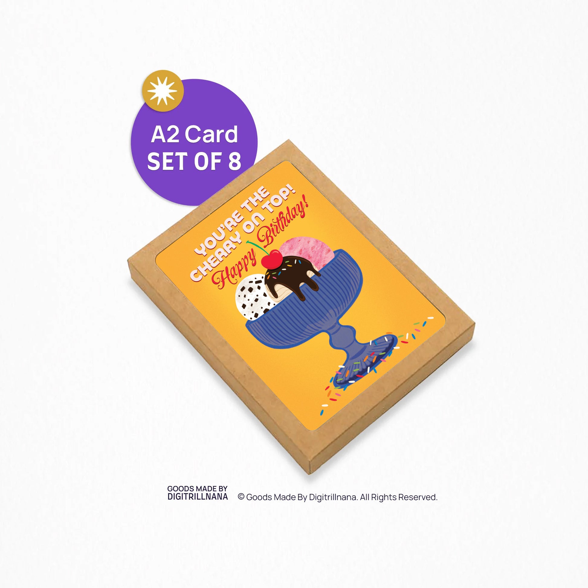 A2 size birthday card featuring blue antique glass ice cream bowl with chocolate chip, strawberry, and fudge salted caramel ice cream illustration on a warm yellow background. “You’re the cherry on top! Happy Birthday” text on the front in white and red. The message inside reads “Happy Birthday!”,. Envelope included.