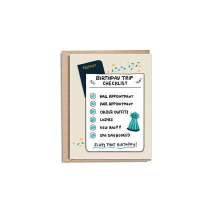 Birthday Trip 4.25x5.5” A2, celebrate, birthday card, travel card, wish list greeting card from Goods Made By Digitrillnana, Ashley Fletcher. Black Woman Owned. Perfect card for a birthday trip gift! Eco-friendly recycled cards. 