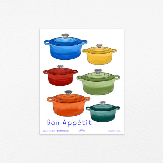 Illustration of six colorful watercolor  le cruset inspired pots in blue, yellow, red, green, orange, and deep teal, with the words, “Bon Appétit” in cyan blue.