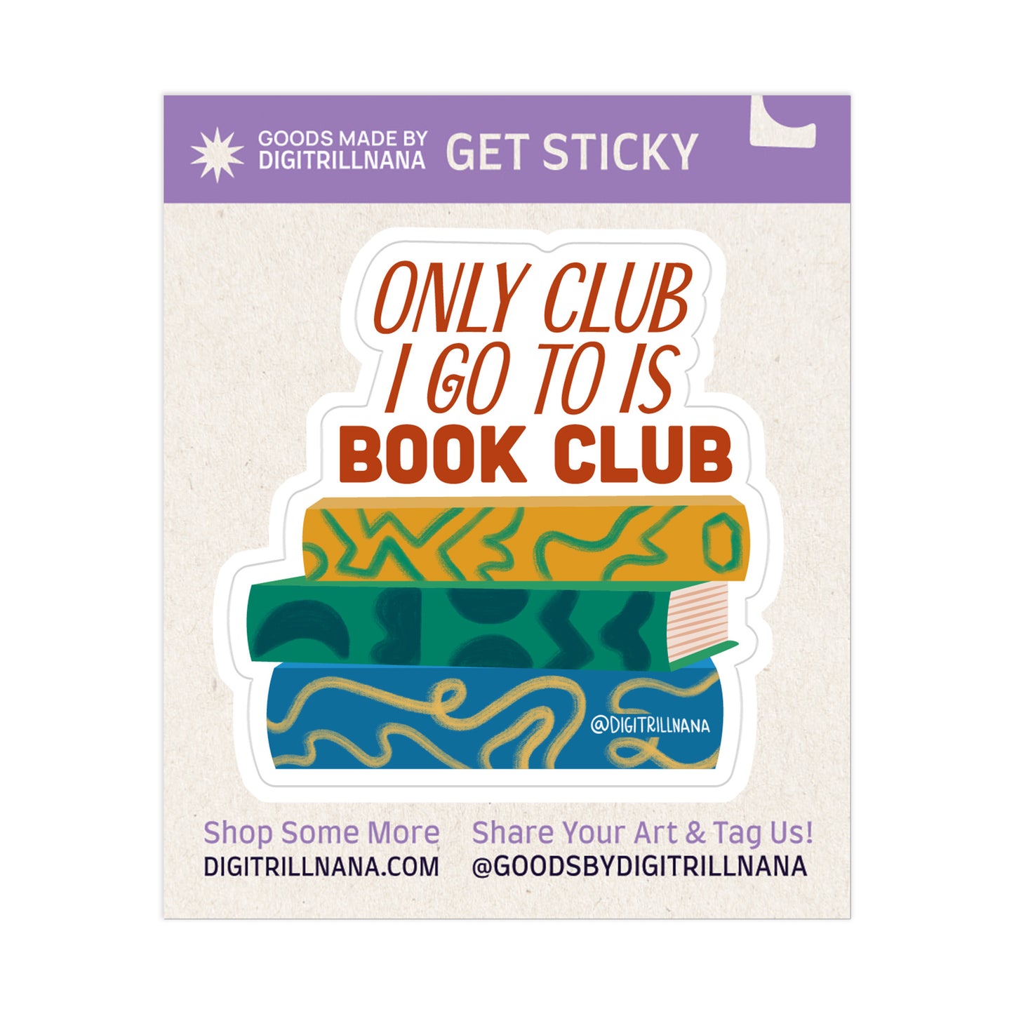 Colorful sticker for book lovers and introverts: 'Only Cub I go to is book club' above blue, green, and yellow books. Perfect for adding literary humor to laptops, water bottles, and journals! High-quality waterproof stickers.